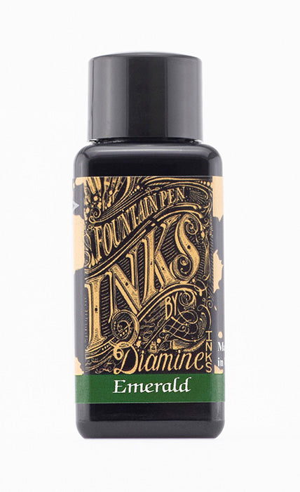 A bottle of 30ml Diamine Emerald fountain pen ink, in front of a white background.