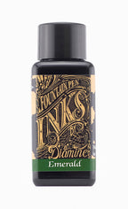 A bottle of 30ml Diamine Emerald fountain pen ink, in front of a white background.