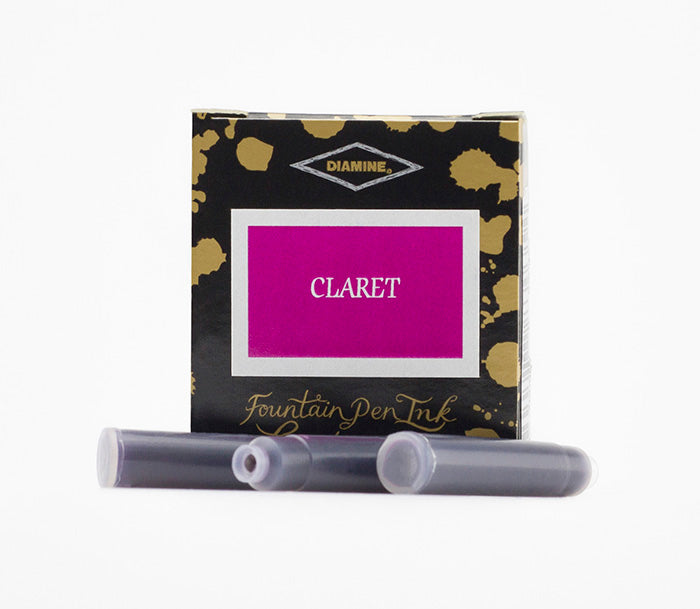 A packet of 6 Diamine fountain pen ink cartridges in Claret, in front of a white background.