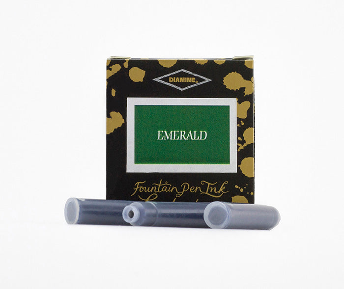 A packet of 6 Diamine fountain pen ink cartridges in Emerald, in front of a white background.