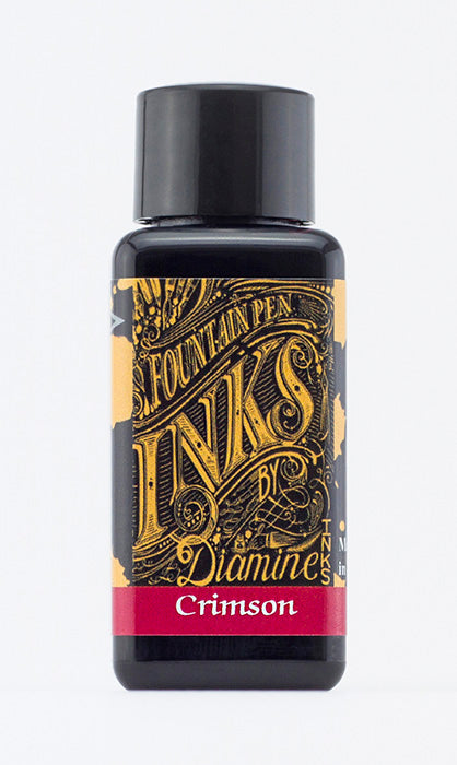 A bottle of 30ml Diamine Crimson fountain pen ink, in front of a white background.