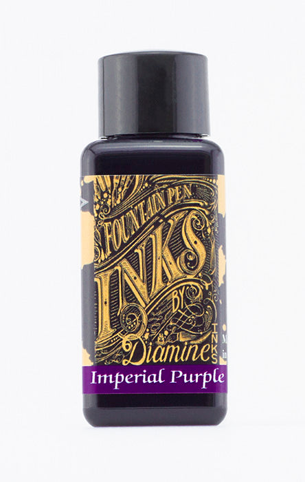 A bottle of 30ml Diamine Imperial Purple fountain pen ink, in front of a white background.