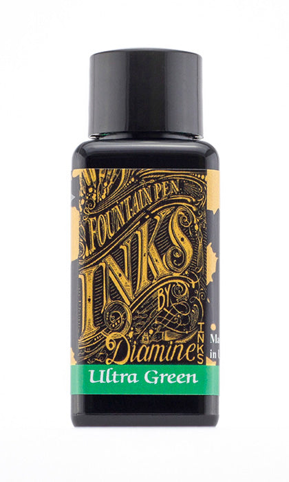 A bottle of 30ml Diamine Ultra Green fountain pen ink, in front of a white background.