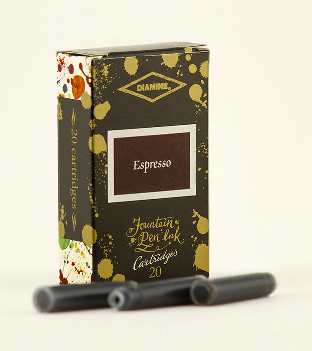 A packet of 20 Diamine 150th Anniversary fountain pen ink cartridges in Espresso, in front of a white background.