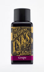 A bottle of 30ml Diamine Grape fountain pen ink, in front of a white background.