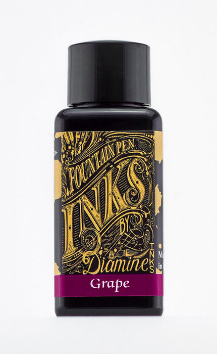 A bottle of 30ml Diamine Grape fountain pen ink, in front of a white background.