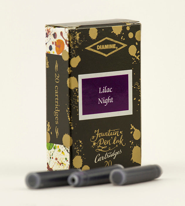 A packet of 20 Diamine 150th Anniversary fountain pen ink cartridges in Lilac Night, in front of a white background.