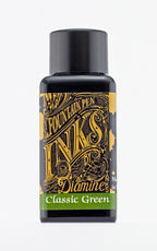 A bottle of 30ml Diamine Classic Green fountain pen ink, in front of a white background.