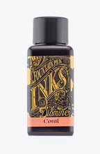 A bottle of 30ml Diamine Coral fountain pen ink, in front of a white background.
