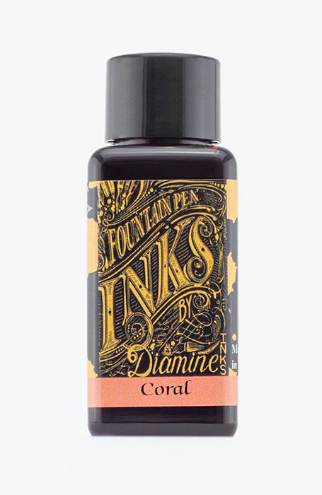A bottle of 30ml Diamine Coral fountain pen ink, in front of a white background.