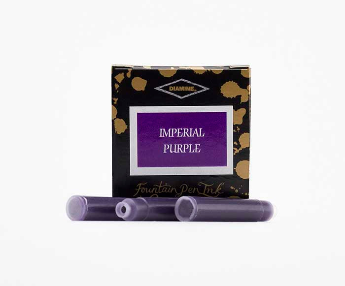A packet of 6 Diamine fountain pen ink cartridges in Imperial Purple, in front of a white background.