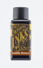 A bottle of 30ml Diamine Saddle Brown fountain pen ink, in front of a white background.