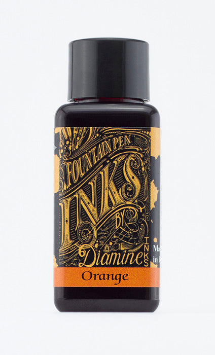 A bottle of 30ml Diamine Orange fountain pen ink, in front of a white background.