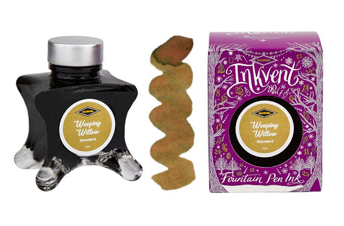 A glass bottle of 50ml Diamine Purple Edition Inkvent Weeping Willow chroma fountain pen ink next to colour swatch and its packaging box, in front of a white background.