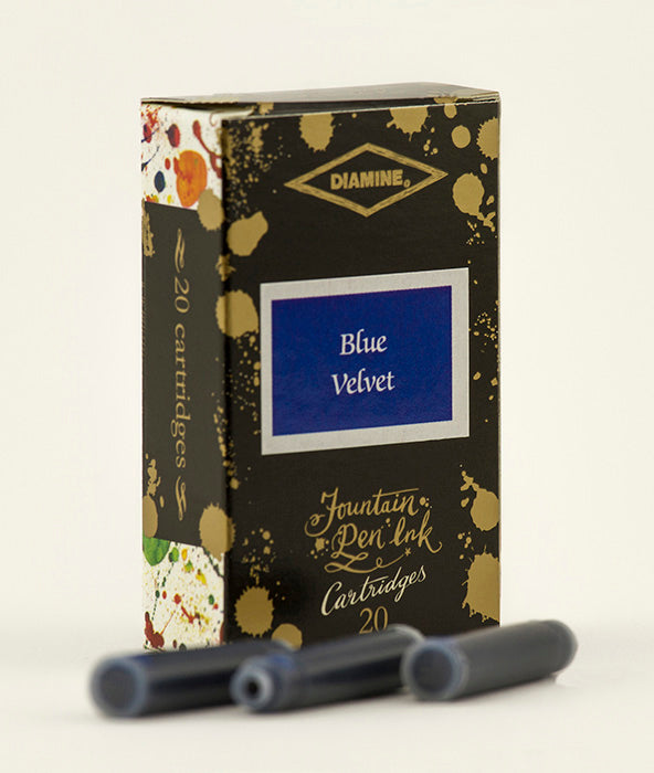 A packet of 20 Diamine 150th Anniversary fountain pen ink cartridges in Blue Velvet, in front of a white background.