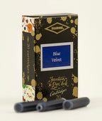 A packet of 20 Diamine 150th Anniversary fountain pen ink cartridges in Blue Velvet, in front of a white background.