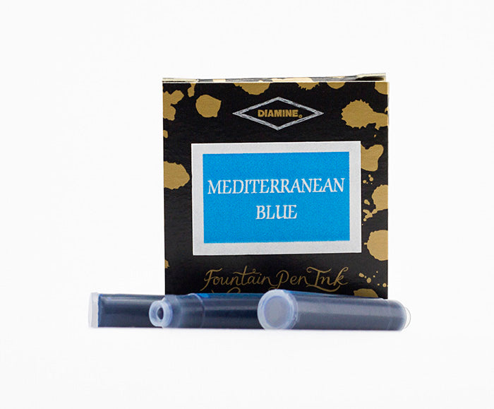 A packet of 6 Diamine fountain pen ink cartridges in Mediterranean Blue, in front of a white background.