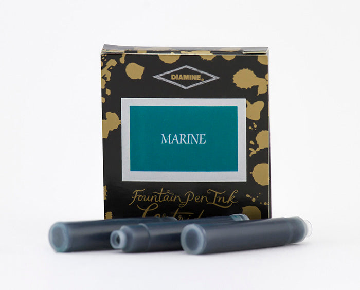 A packet of 6 Diamine fountain pen ink cartridges in Marine, in front of a white background.