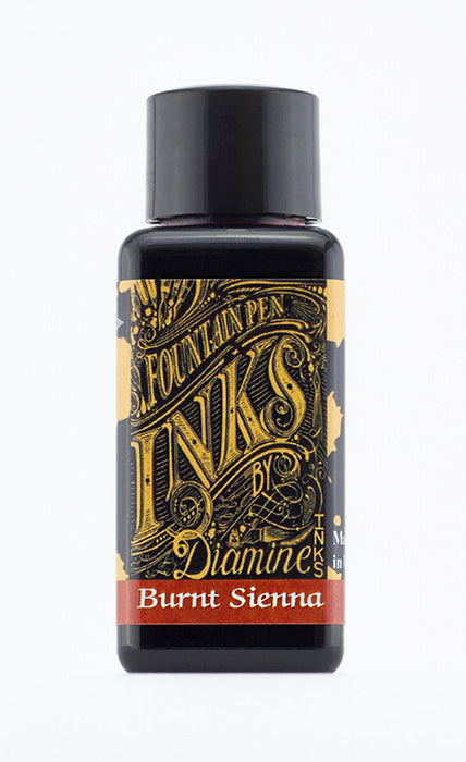 A bottle of 30ml Diamine Burnt Sienna fountain pen ink, in front of a white background.