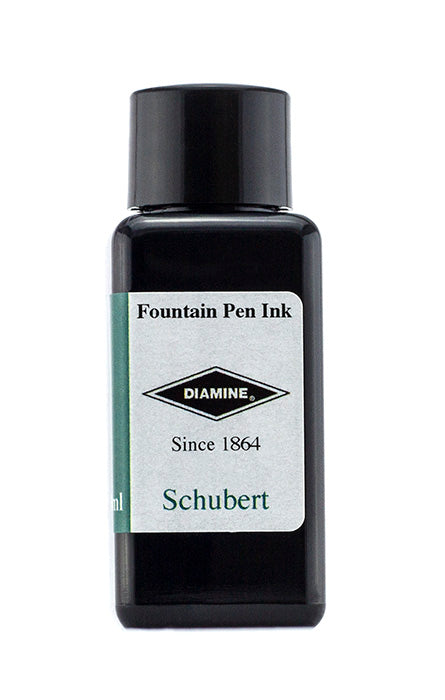 A bottle of 30ml Diamine Schubert fountain pen ink, in front of a white background.
