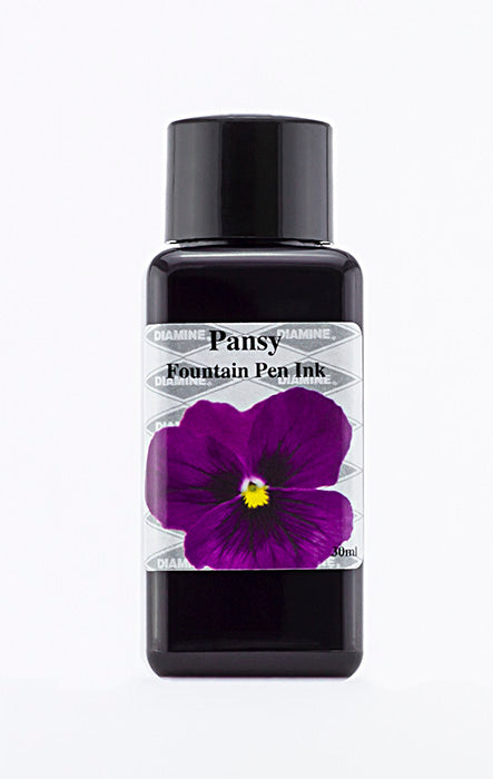 A bottle of 30ml Diamine Pansy fountain pen ink, in front of a white background.