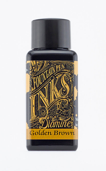 A bottle of 30ml Diamine Golden Brown fountain pen ink, in front of a white background.