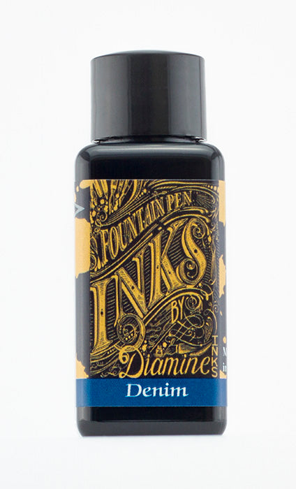 A bottle of 30ml Diamine Denim fountain pen ink, in front of a white background.