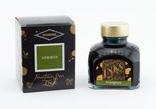 Load image into Gallery viewer, A glass bottle of 80ml Diamine Evergreen fountain pen ink next to its packaging box, in front of a white background.
