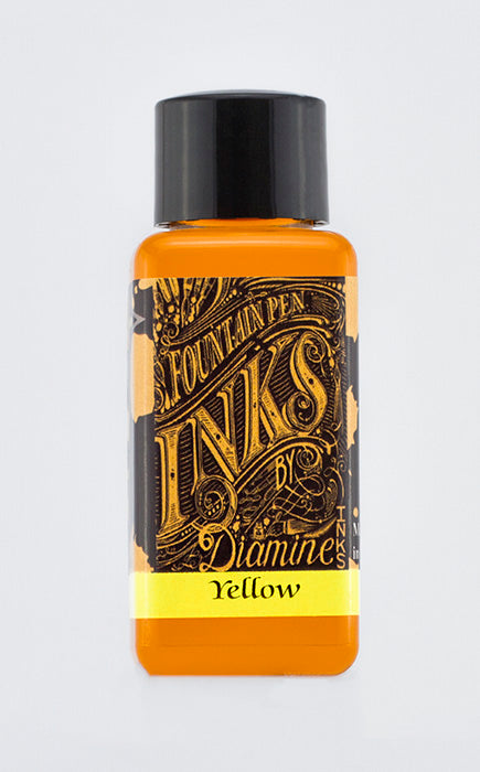 A bottle of 30ml Diamine Yellow fountain pen ink, in front of a white background.