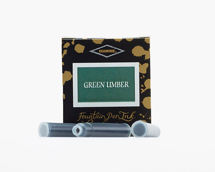 A packet of 6 Diamine fountain pen ink cartridges in Green Umber, in front of a white background.