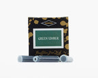 A packet of 6 Diamine fountain pen ink cartridges in Green Umber, in front of a white background.