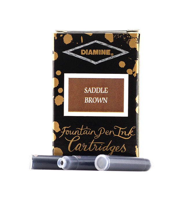 A packet of 18 Diamine fountain pen ink cartridges in Saddle Brown, in front of a white background.