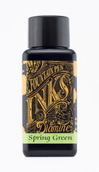 A bottle of 30ml Diamine Spring Green fountain pen ink, in front of a white background.