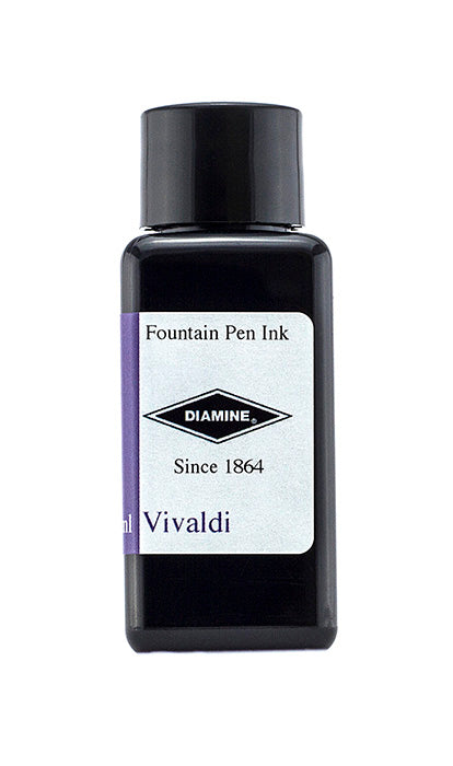 A bottle of 30ml Diamine Vivaldi fountain pen ink, in front of a white background.