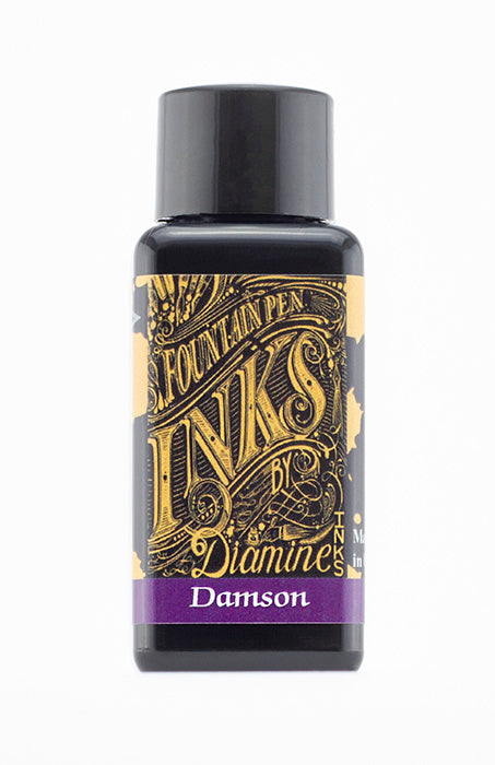 A bottle of 30ml Diamine Damson fountain pen ink, in front of a white background.