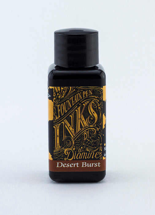A bottle of 30ml Diamine Desert Burst fountain pen ink, in front of a white background.