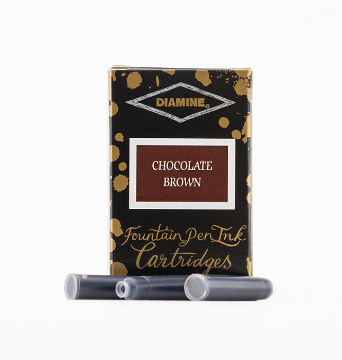 A packet of 18 Diamine fountain pen ink cartridges in Chocolate Brown, in front of a white background.