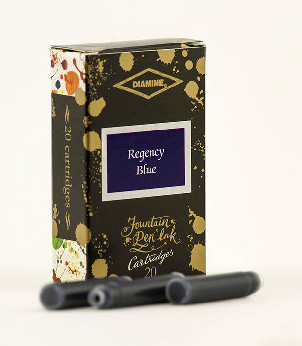 A packet of 20 Diamine 150th Anniversary fountain pen ink cartridges in Regency Blue, in front of a white background.