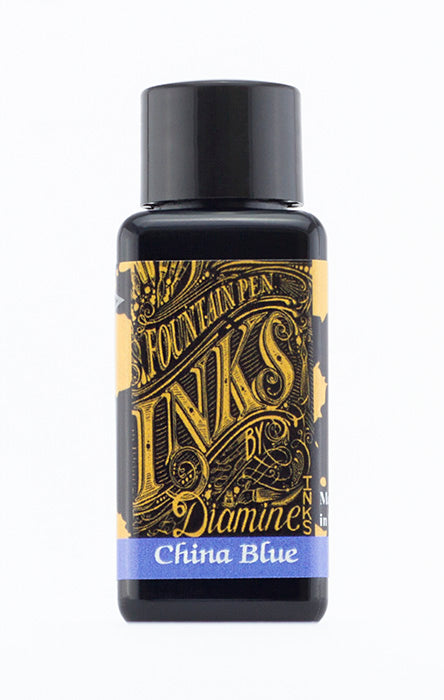 A bottle of 30ml Diamine China Blue fountain pen ink, in front of a white background.
