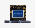 A packet of 6 Diamine fountain pen ink cartridges in Prussian Blue, in front of a white background.