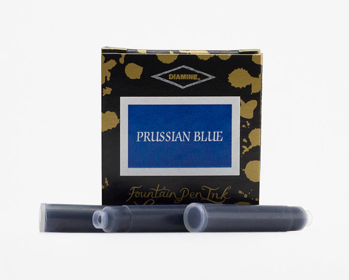 A packet of 6 Diamine fountain pen ink cartridges in Prussian Blue, in front of a white background.