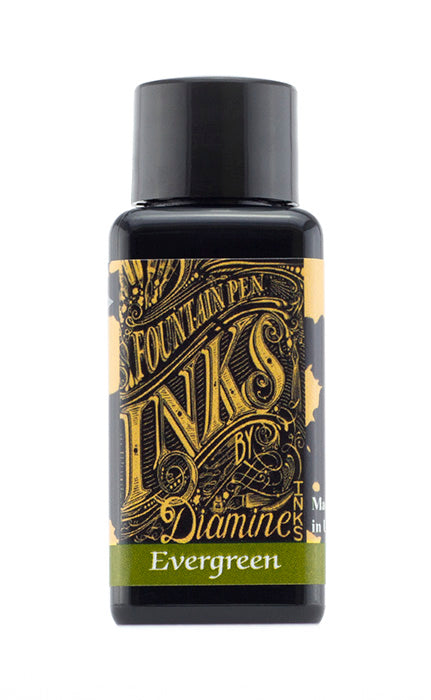 A bottle of 30ml Diamine Evergreen fountain pen ink, in front of a white background.