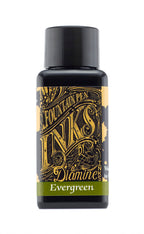 A bottle of 30ml Diamine Evergreen fountain pen ink, in front of a white background.