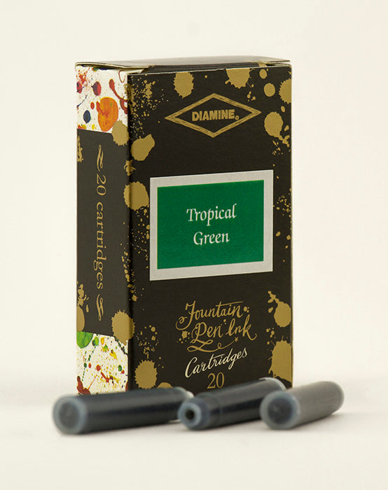 A packet of 20 Diamine 150th Anniversary fountain pen ink cartridges in Tropical Green, in front of a white background.