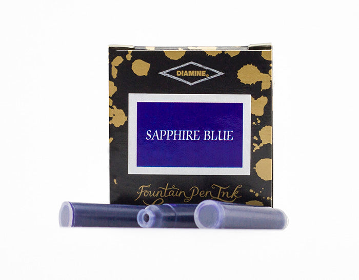 A packet of 6 Diamine fountain pen ink cartridges in Sapphire Blue, in front of a white background.