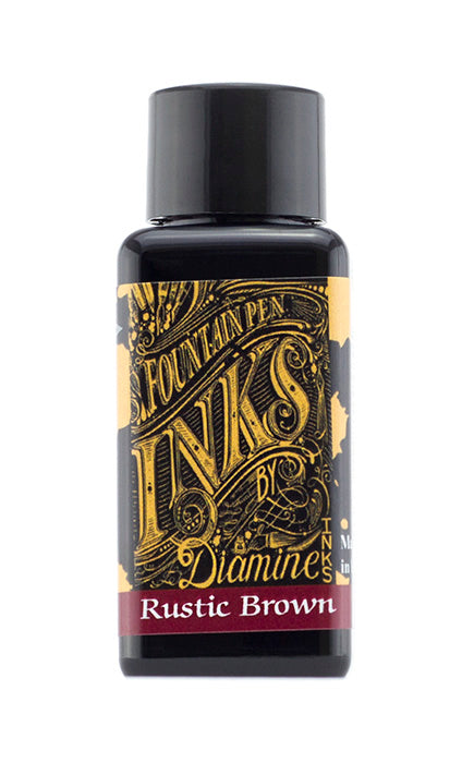 A bottle of 30ml Diamine Rustic Brown fountain pen ink, in front of a white background.