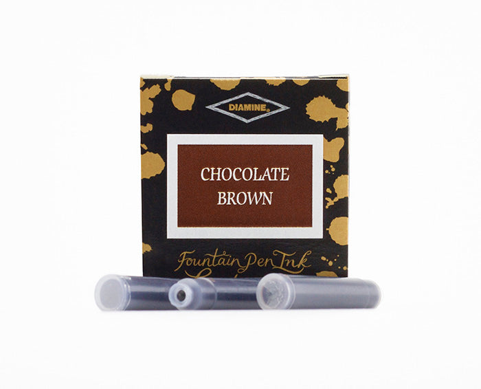 A packet of 6 Diamine fountain pen ink cartridges in Chocolate Brown, in front of a white background.