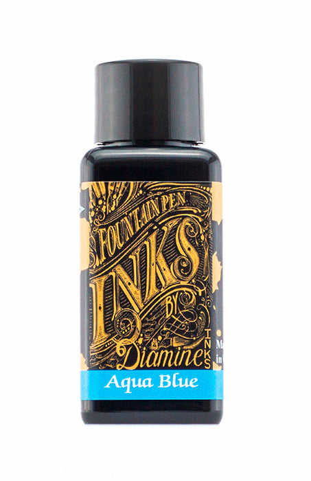 A bottle of 30ml Diamine Aqua Blue fountain pen ink, in front of a white background.