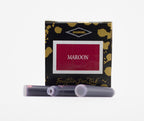 A packet of 6 Diamine fountain pen ink cartridges in Maroon, in front of a white background.