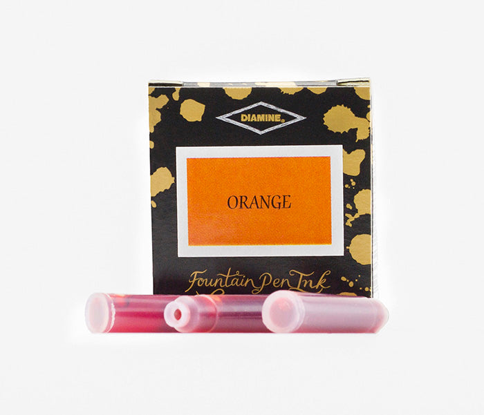A packet of 6 Diamine fountain pen ink cartridges in Orange, in front of a white background.